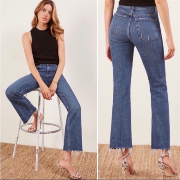 Reformation Denim - REFORMATION Wide Leg Cropped Flood Raw Frayed Hem Denim Jeans